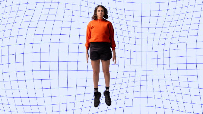 Image Description: A square grid background with blue lines over a while void is distorted with a wave-like texture in front of Ashley, who floats in the air above the background with an expressionless face. Her body is suspended mid-air, causing her hair